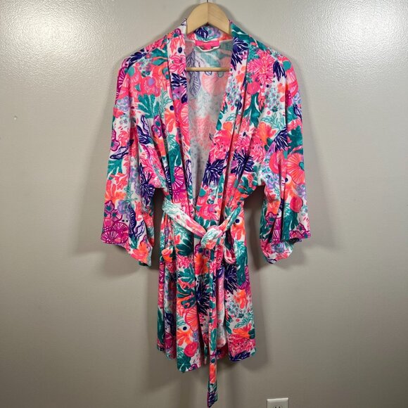 Lilly Pulitzer Elaine Velour Robe Seaside Carnivale Velo Size Large XL Lounge - Picture 1 of 10